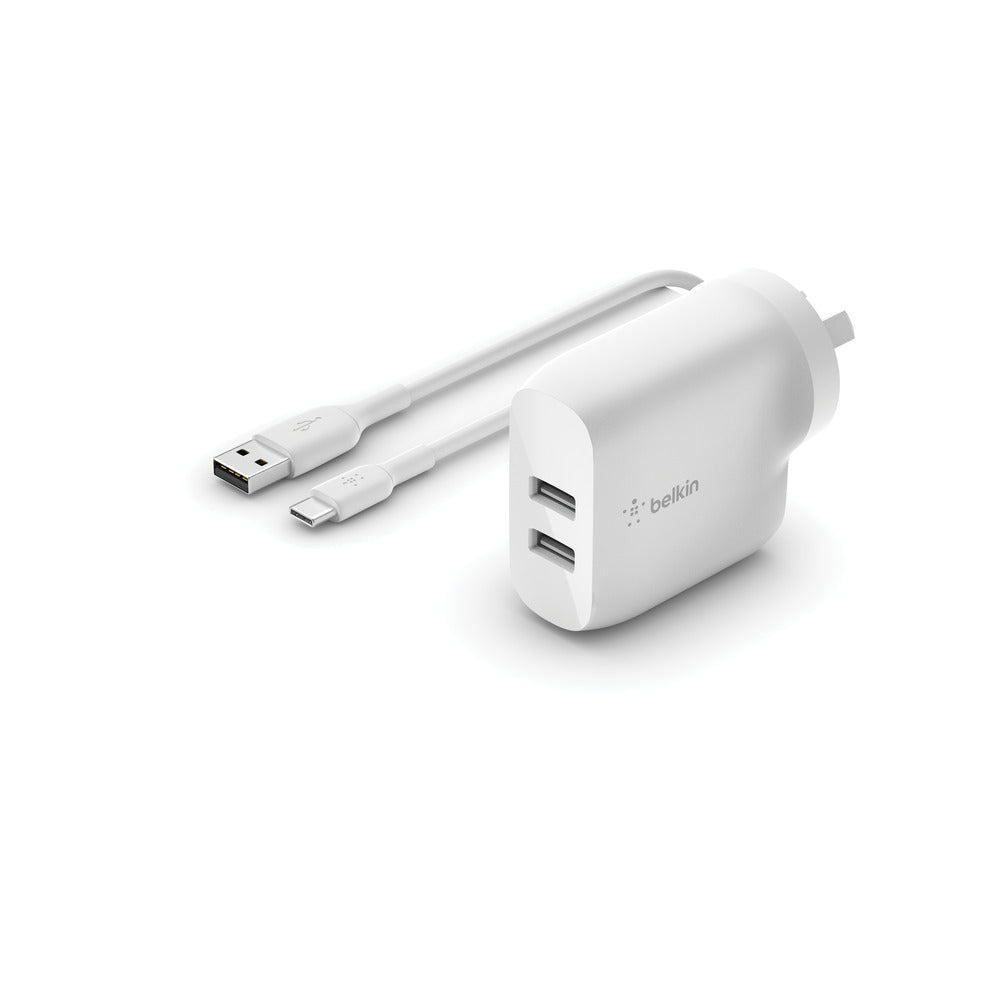 Belkin 24W Dual Wall Charger and USB-A to USB-C Cable - Universally compatible - White