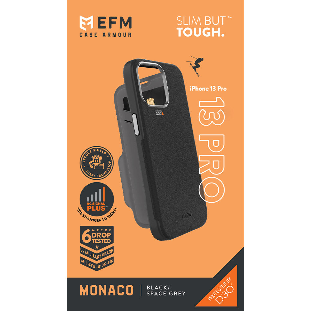 EFM Monaco Leather Wallet Case Armour with D3O 5G Signal Plus - For iPhone 13 Pro (6.1" Pro) - Black/Space Grey