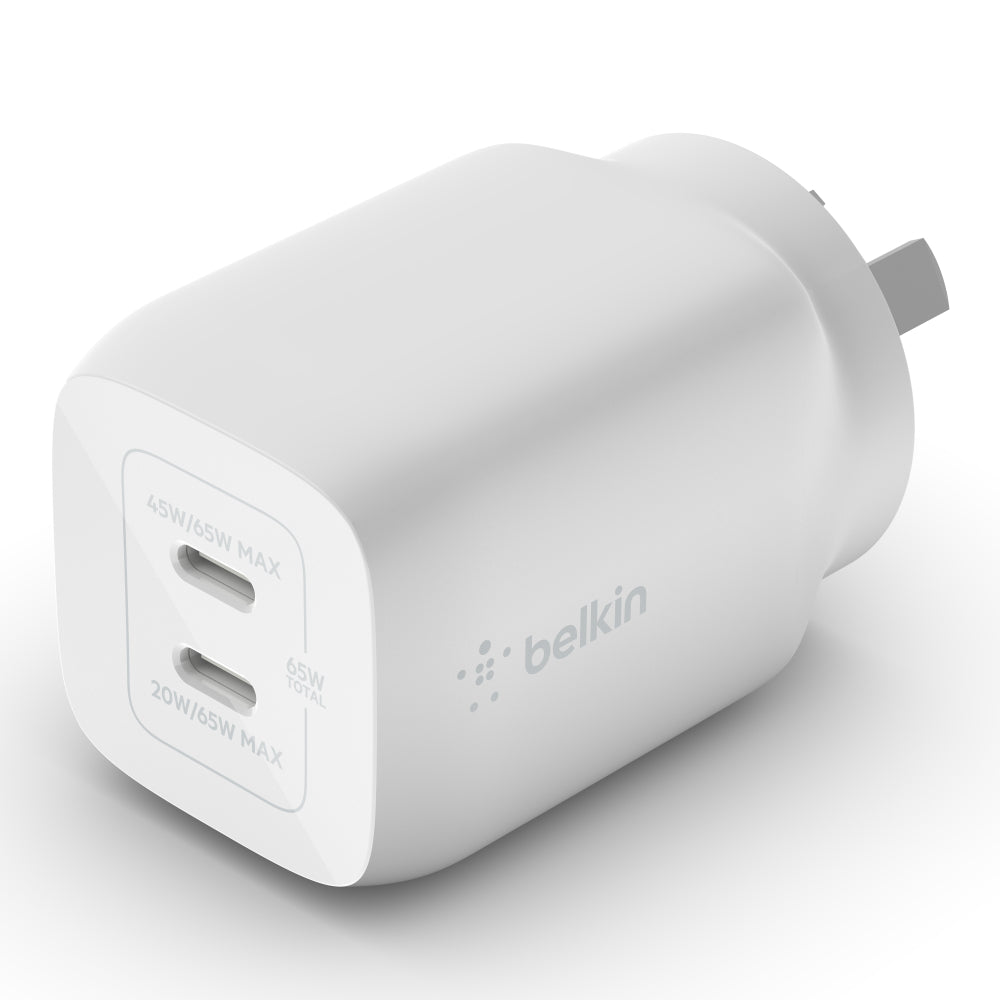 Belkin BOOST UP Dual USB-C Wall Charger - GaN Technology 65W with PPS
