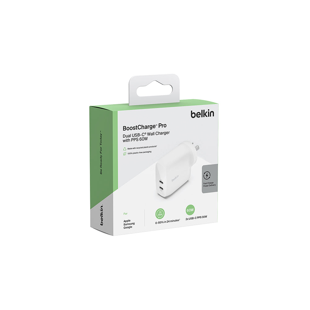 Belkin BoostCharge PRO Dual USB-C Wall Charger - with PPS 60W - White