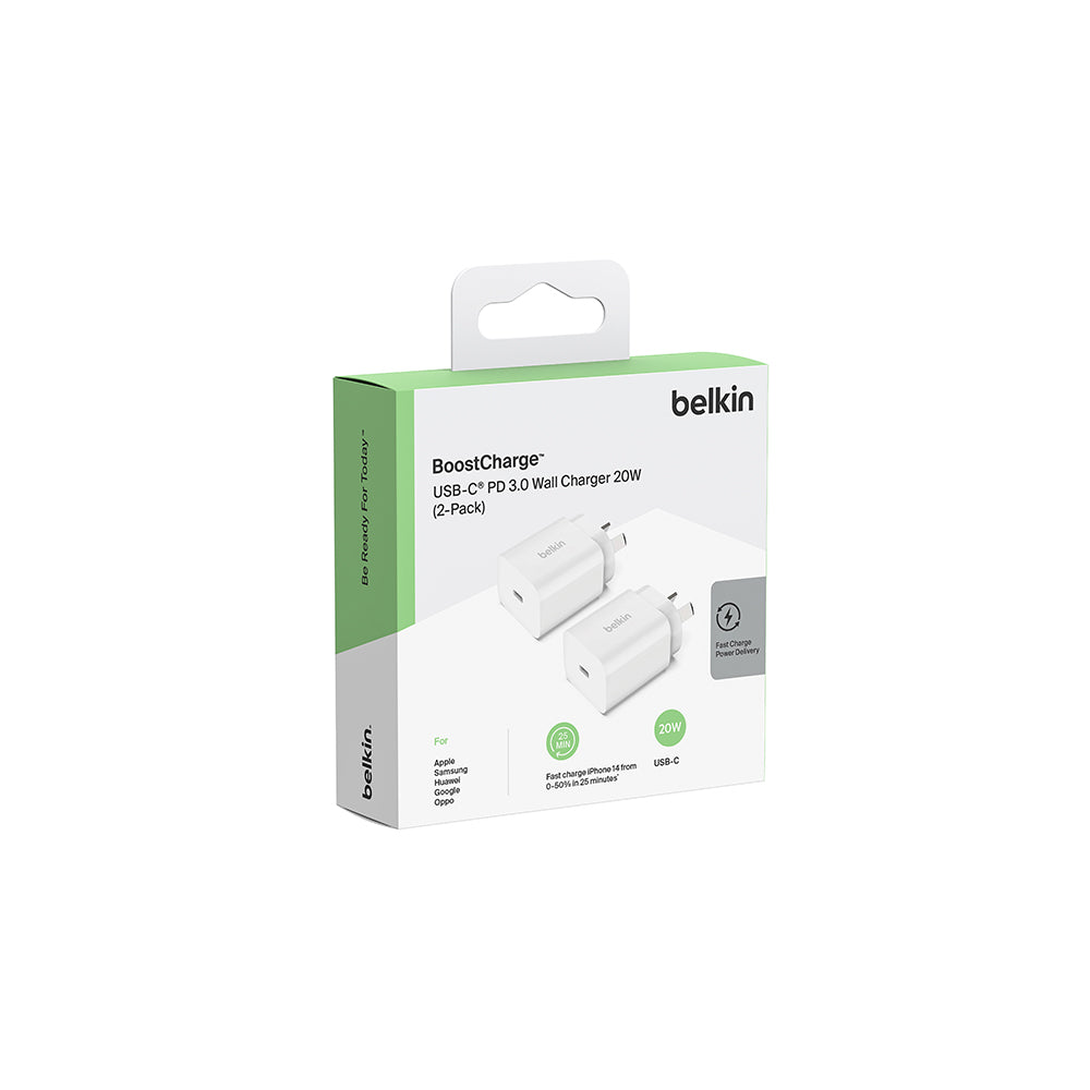 Belkin BoostCharge USB-C PD 3.0 Wall Charger 20W - 2 Pack White