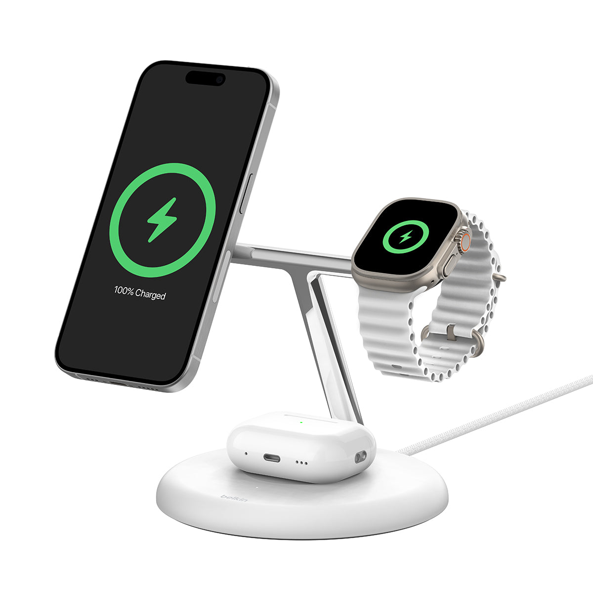 Belkin BoostCharge Pro 3-in-1 - Magentic Wireless Charging Stand with Qi2 15W - White
