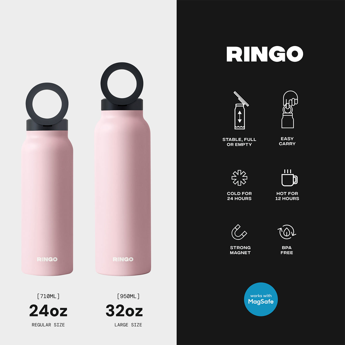 Ringo Water Bottle (950ml) - with Magnetic Phone Mount - Pink 950ml (32oz)