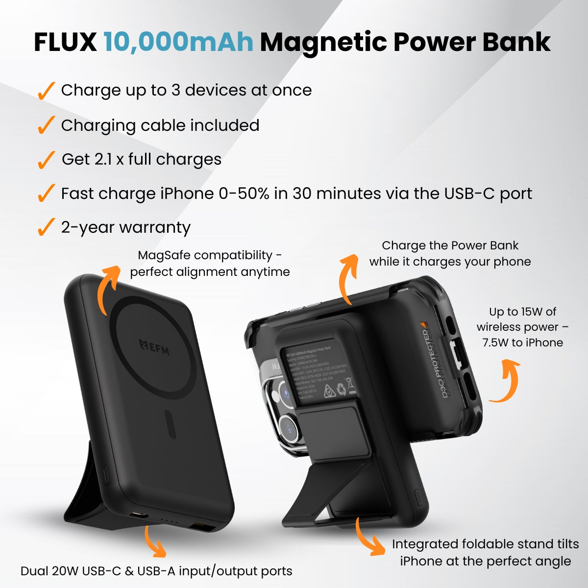 EFM FLUX 10,000mAh Magnetic Power Bank - With MagSafe Compatability and Foldable Stand - Black
