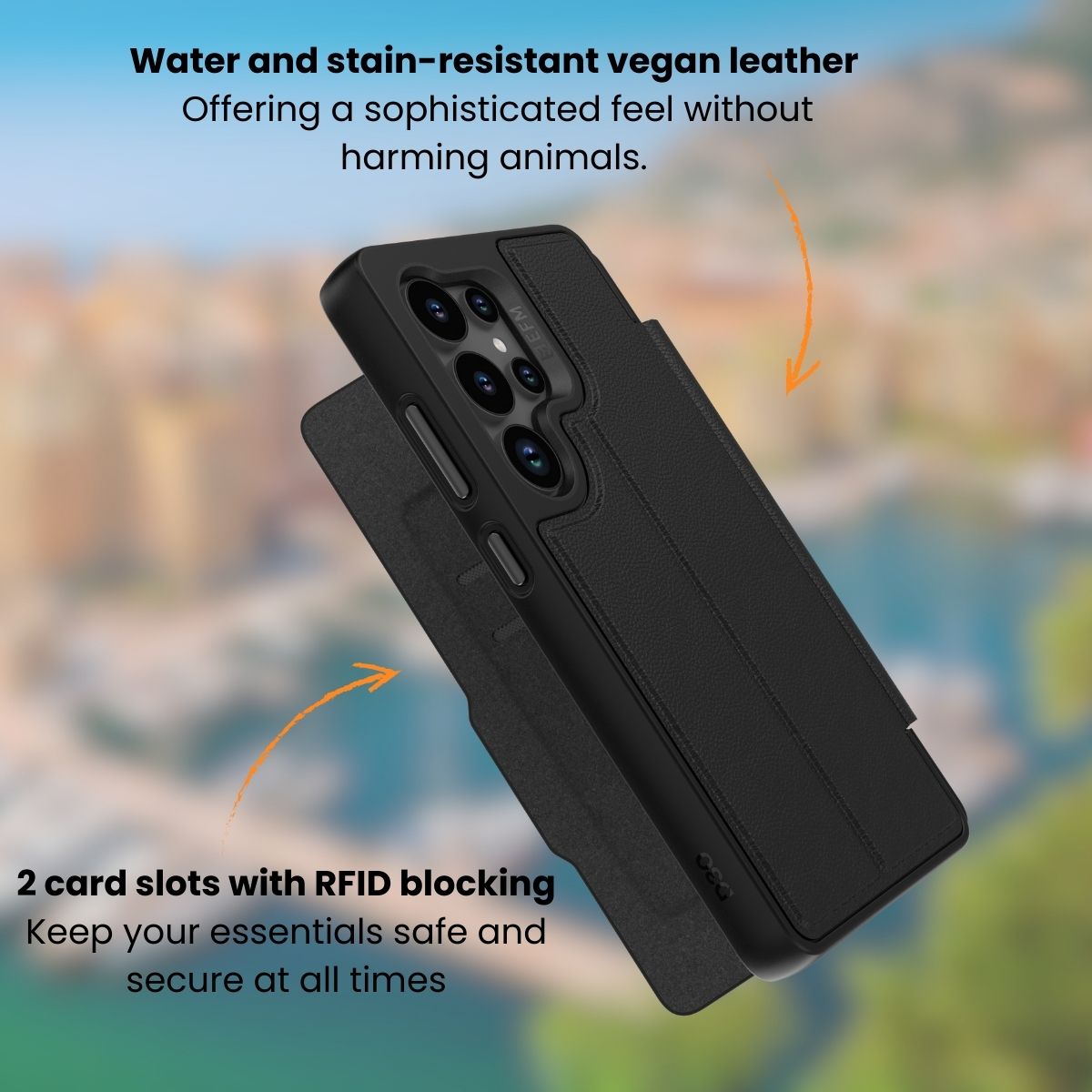 EFM Monaco Vegan Leather Wallet Case with D3O BIOFor Samsung Galaxy S25+ - Black