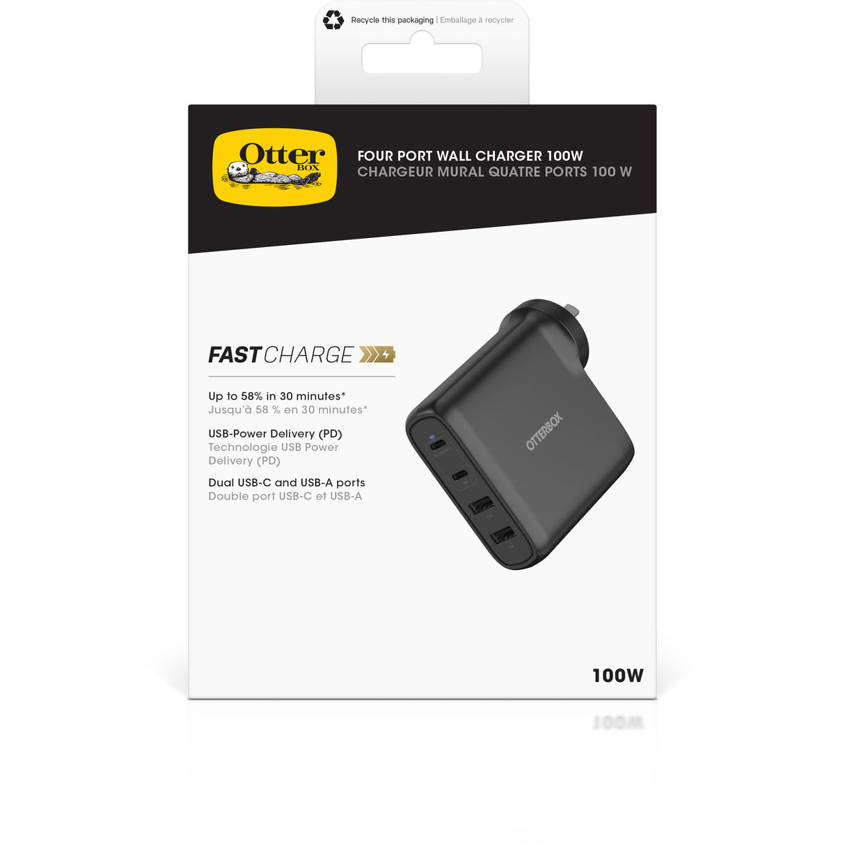 OtterBox 100W Four Port Wall Charger - Black  - With - 2 x USB-C and 2 x USB-A Ports- Black