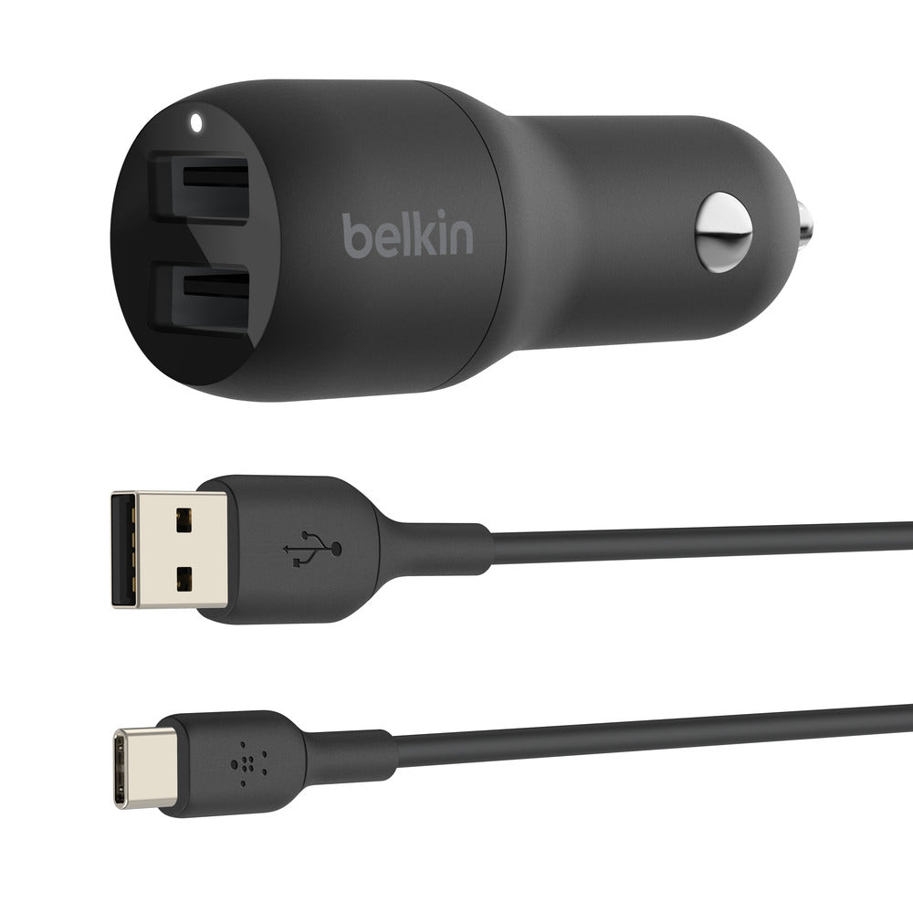 Belkin BOOSTCHARGE Dual USB-A Car Charger 24W + USB-A to USB-C CableUniversally compatible - Black