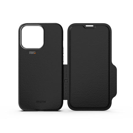 EFM Monaco Leather Wallet Case Armour with D3O 5G Signal Plus - For iPhone 13 Pro (6.1" Pro) - Black/Space Grey
