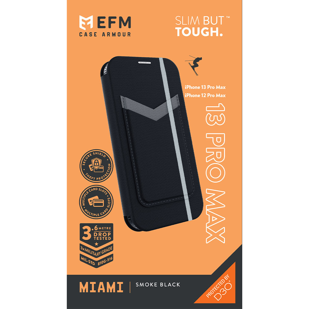 EFM Miami Leather Wallet Case Armour with D3O  - For iPhone 13 Pro Max (6.7") - Smoke Black
