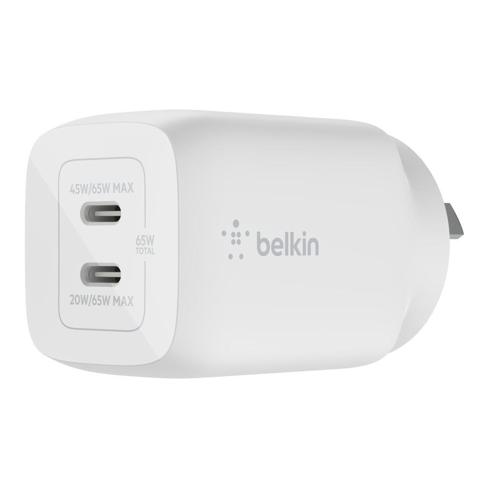 Belkin BOOST UP Dual USB-C Wall Charger - GaN Technology 65W with PPS
