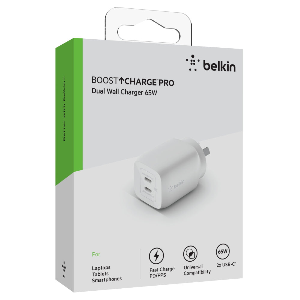 Belkin BOOST UP Dual USB-C Wall Charger - GaN Technology 65W with PPS