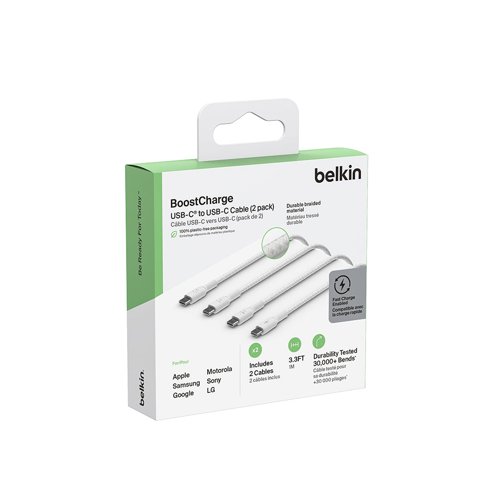 Belkin BoostCharge Braided USB-C to USB-C Cable - 2 Pack White