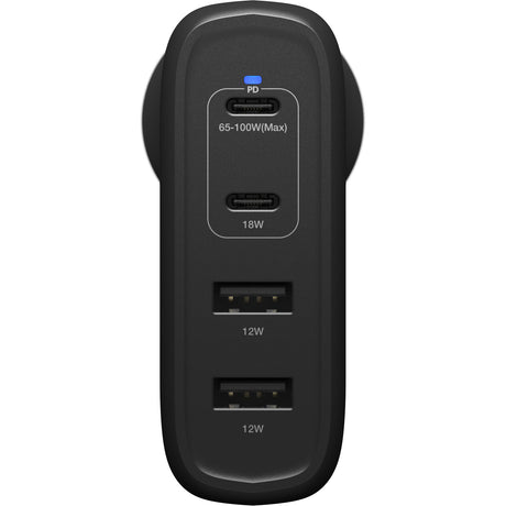 OtterBox 100W Four Port Wall Charger - Black  - With - 2 x USB-C and 2 x USB-A Ports- Black